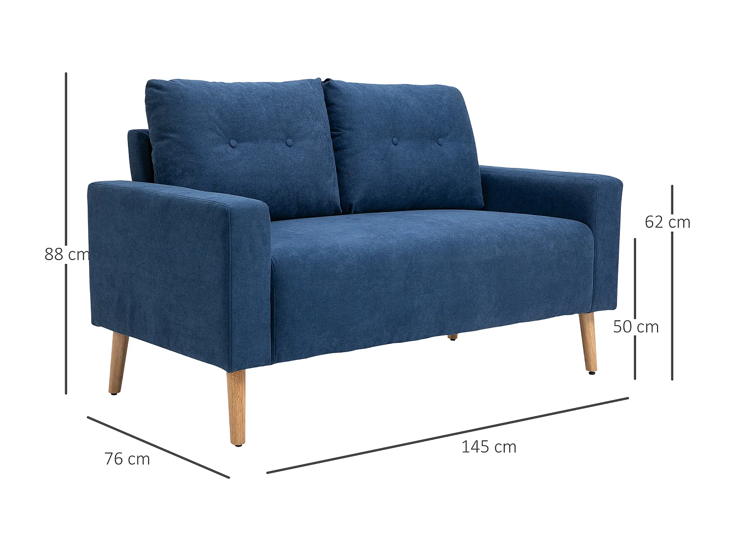 Canapé 2 places design scandinave dim. 145L x 76l x 88H cm pieds bois massif tissu bleu
