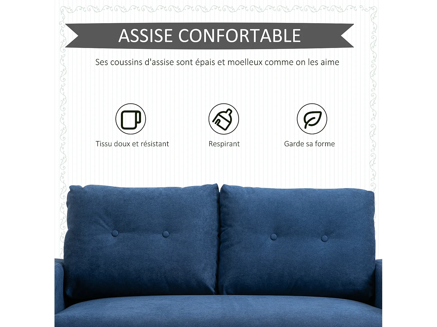 Canapé 2 places design scandinave dim. 145L x 76l x 88H cm pieds bois massif tissu bleu