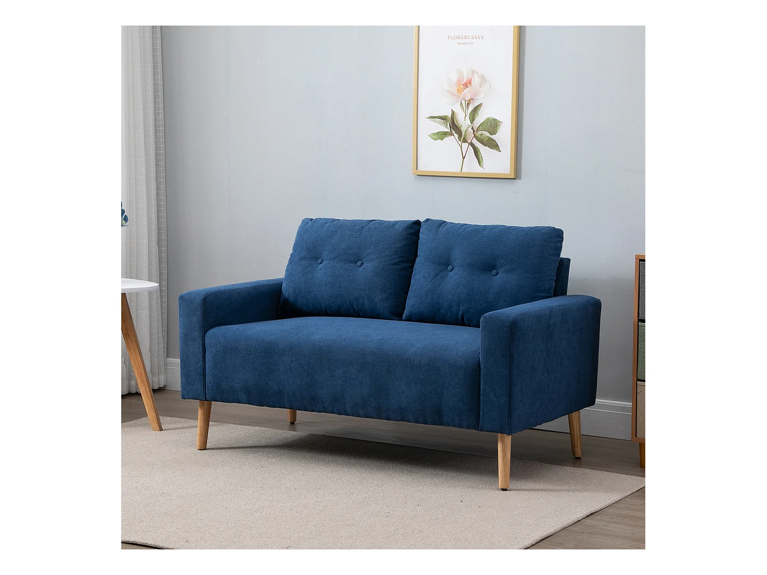 Canapé 2 places design scandinave dim. 145L x 76l x 88H cm pieds bois massif tissu bleu