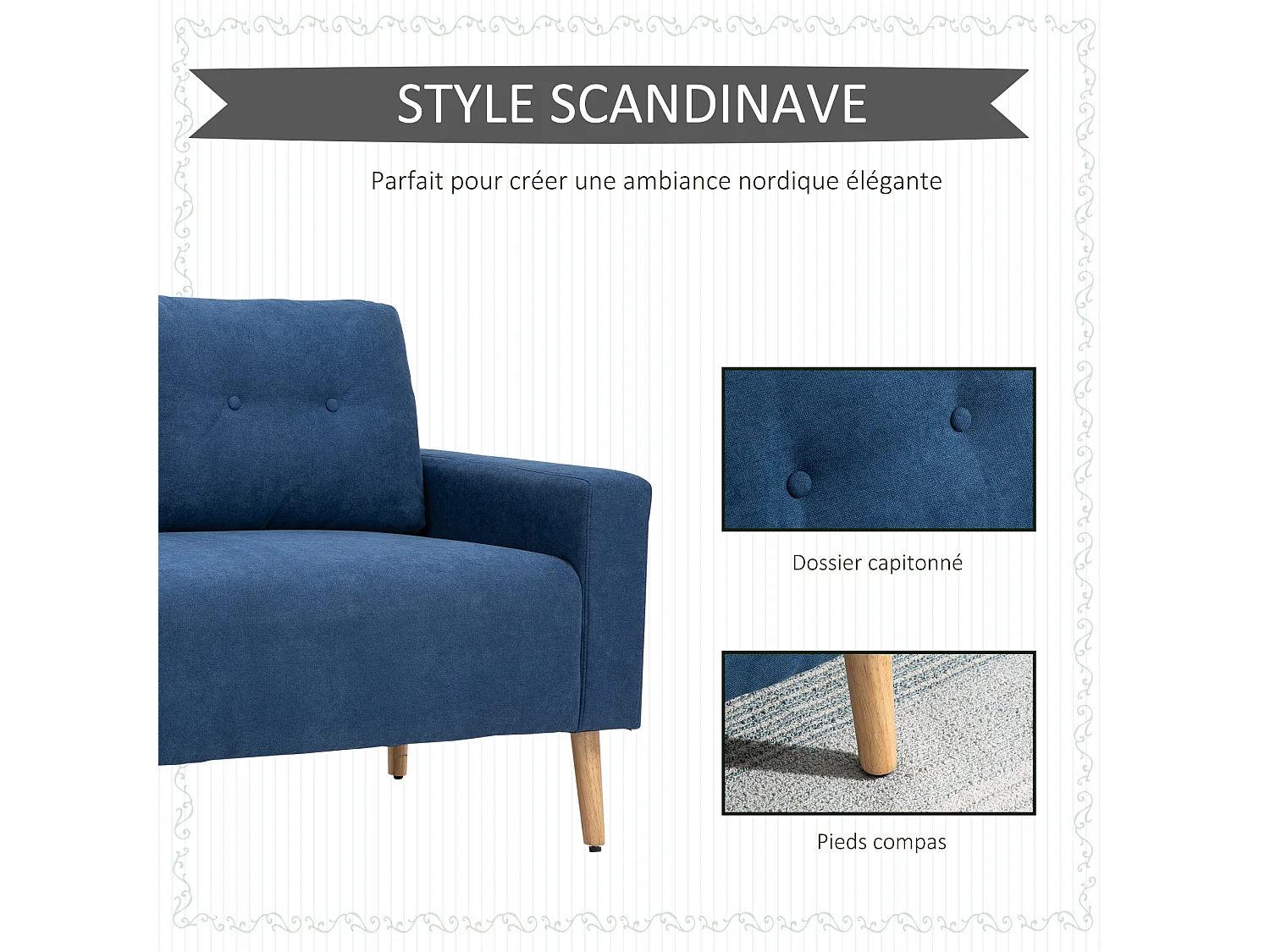 Canapé 2 places design scandinave dim. 145L x 76l x 88H cm pieds bois massif tissu bleu