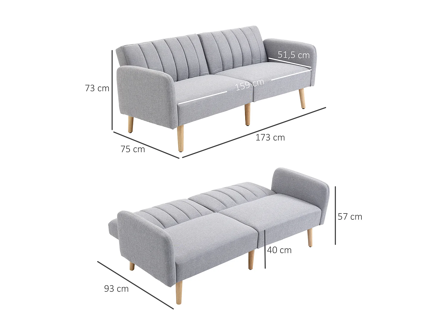 Canapé convertible 2 places design scandinave dossier inclinable 3 positions pieds bois tissu aspect lin gris