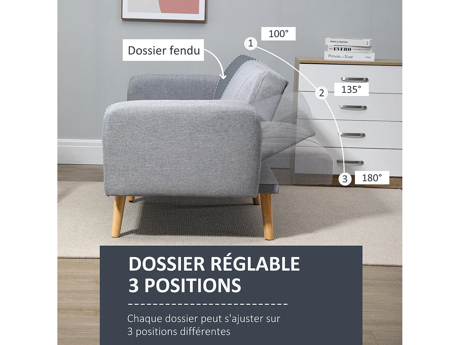 Canapé convertible 2 places design scandinave dossier inclinable 3 positions pieds bois tissu aspect lin gris