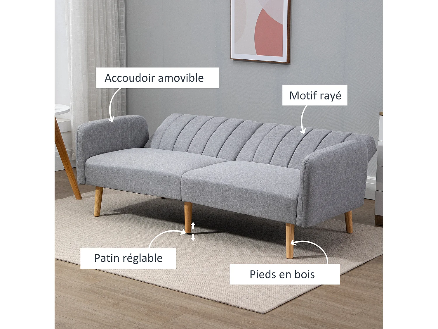 Canapé convertible 2 places design scandinave dossier inclinable 3 positions pieds bois tissu aspect lin gris