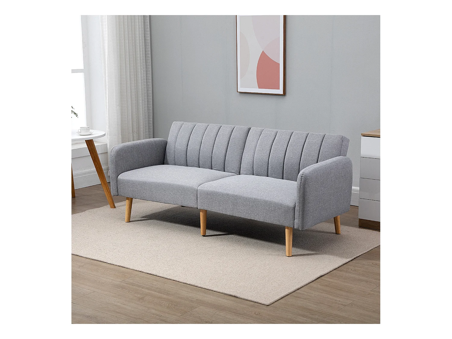 Canapé convertible 2 places design scandinave dossier inclinable 3 positions pieds bois tissu aspect lin gris