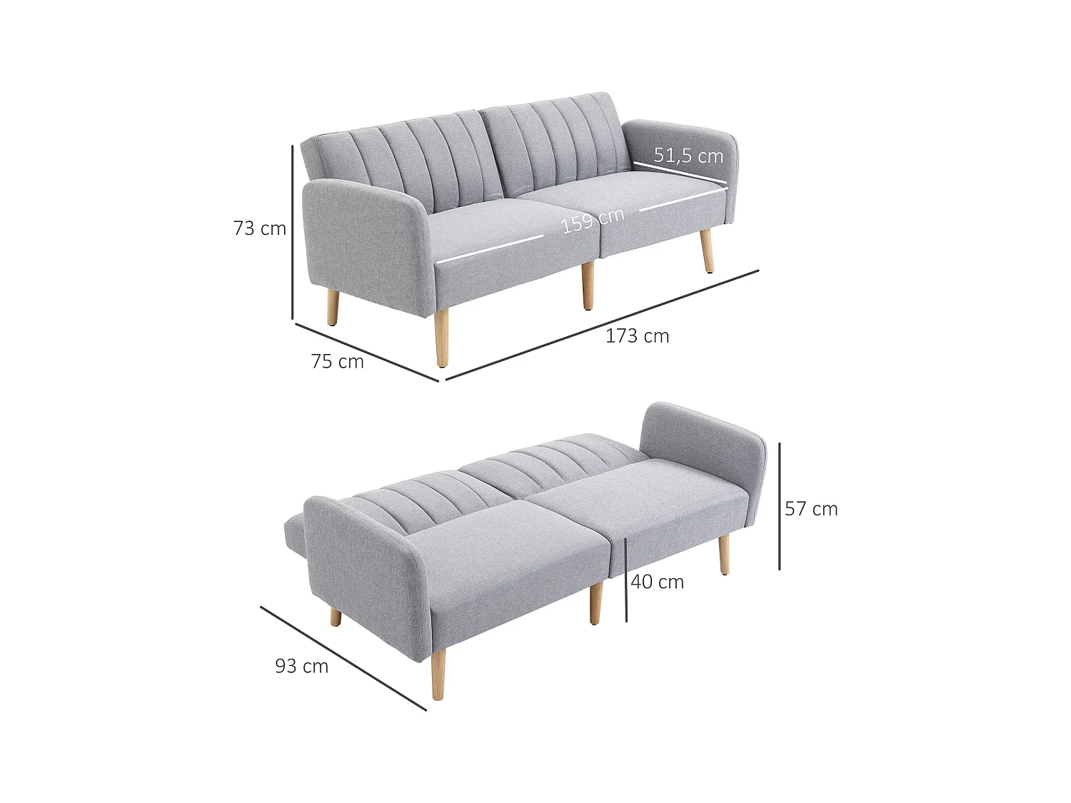Canapé convertible 2 places design scandinave dossier inclinable 3 positions pieds bois tissu aspect lin gris