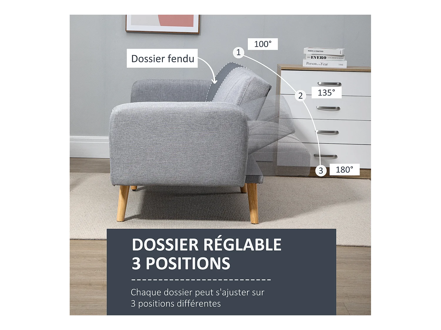 Canapé convertible 2 places design scandinave dossier inclinable 3 positions pieds bois tissu aspect lin gris