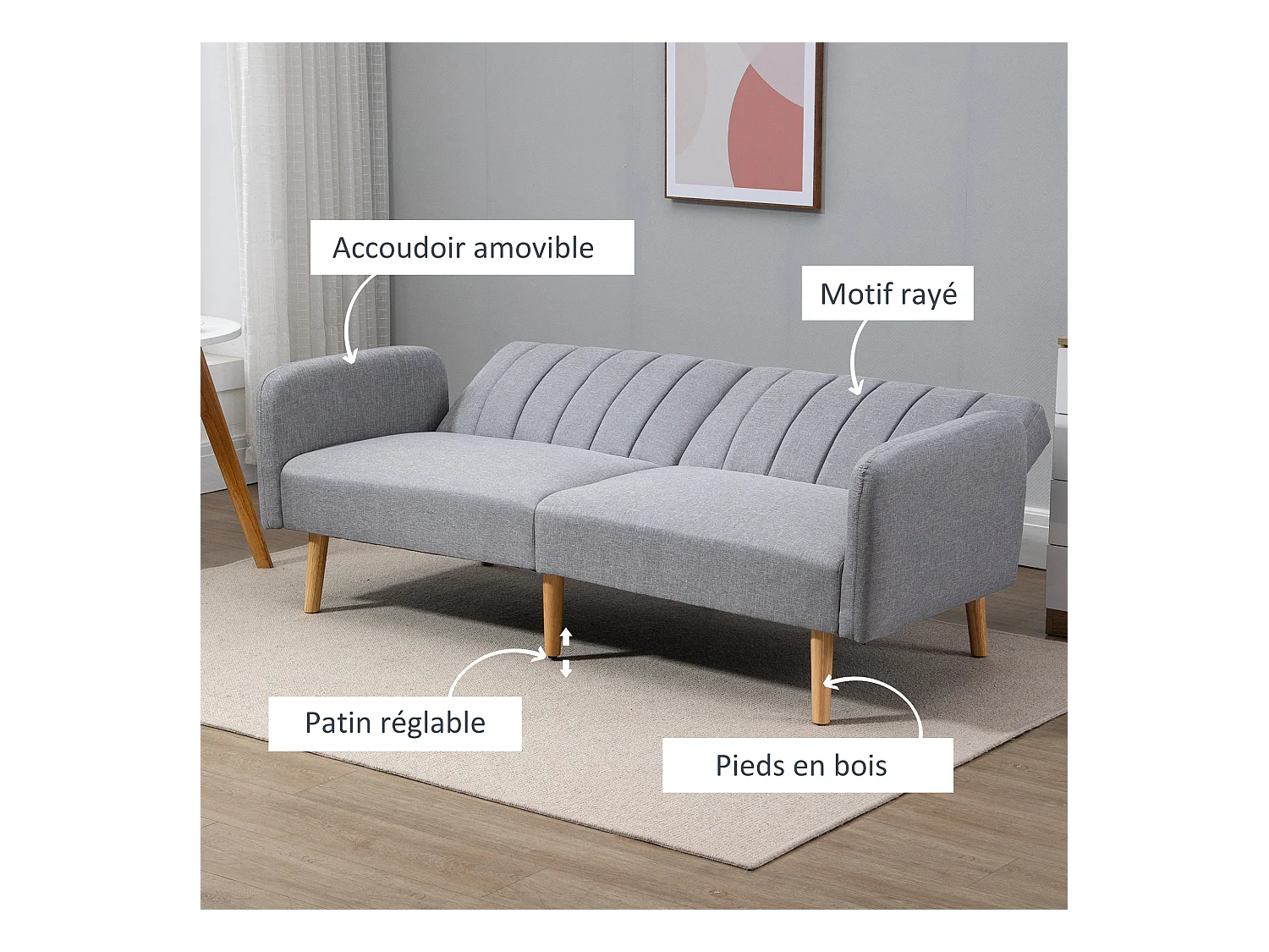 Canapé convertible 2 places design scandinave dossier inclinable 3 positions pieds bois tissu aspect lin gris