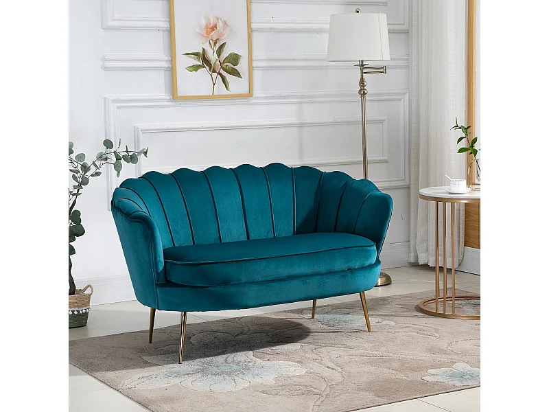 Canapé 2 places coquillage canapé design dim. 130L x 77l x 77H cm pieds dorés effilés velours bleu canard
