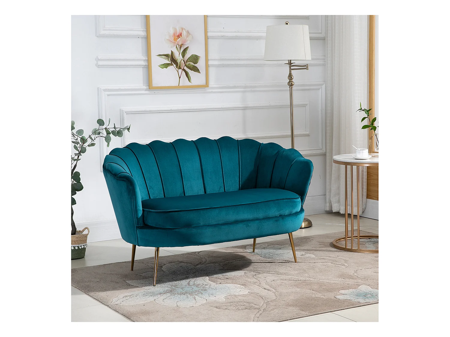 Canapé 2 places coquillage canapé design dim. 130L x 77l x 77H cm pieds dorés effilés velours bleu canard