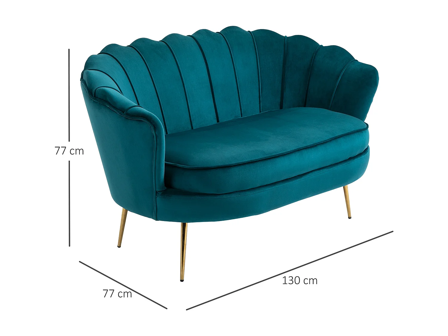 Canapé 2 places coquillage canapé design dim. 130L x 77l x 77H cm pieds dorés effilés velours bleu canard