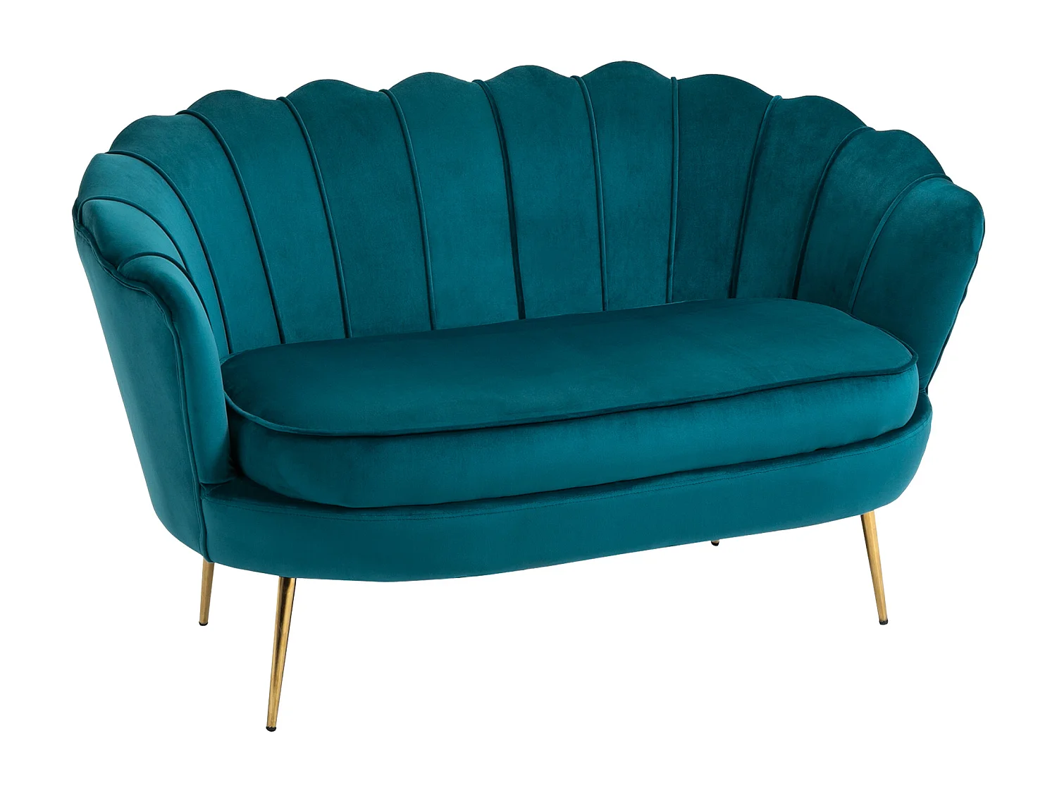 Canapé 2 places coquillage canapé design dim. 130L x 77l x 77H cm pieds dorés effilés velours bleu canard