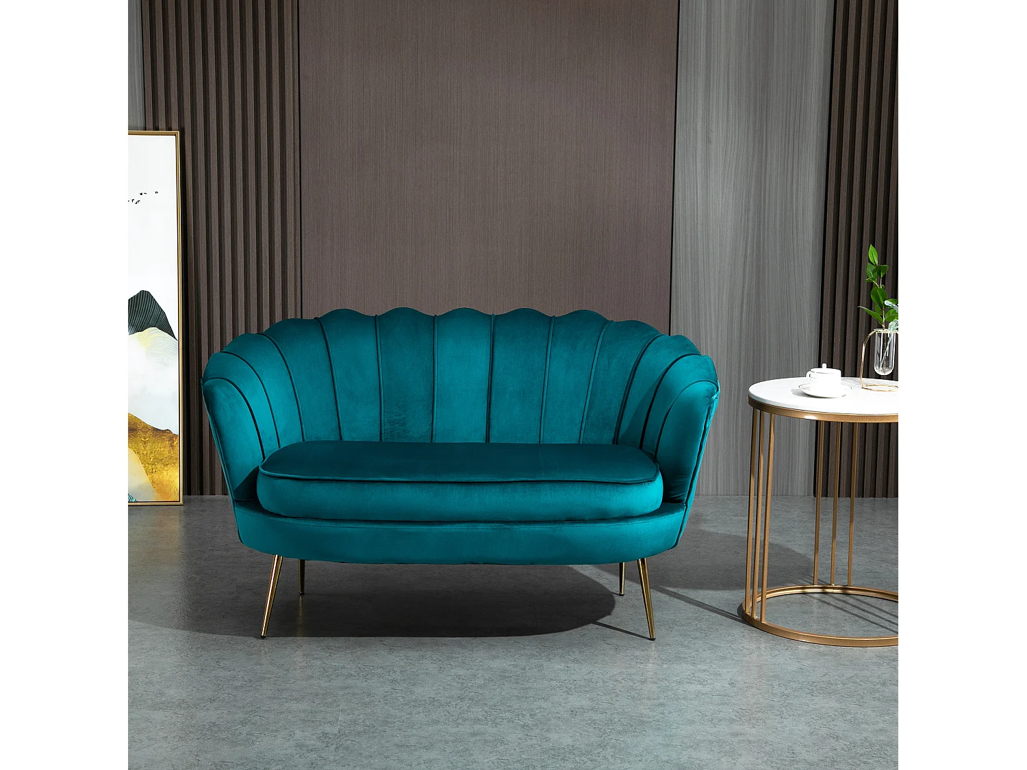 Canapé 2 places coquillage canapé design dim. 130L x 77l x 77H cm pieds dorés effilés velours bleu canard