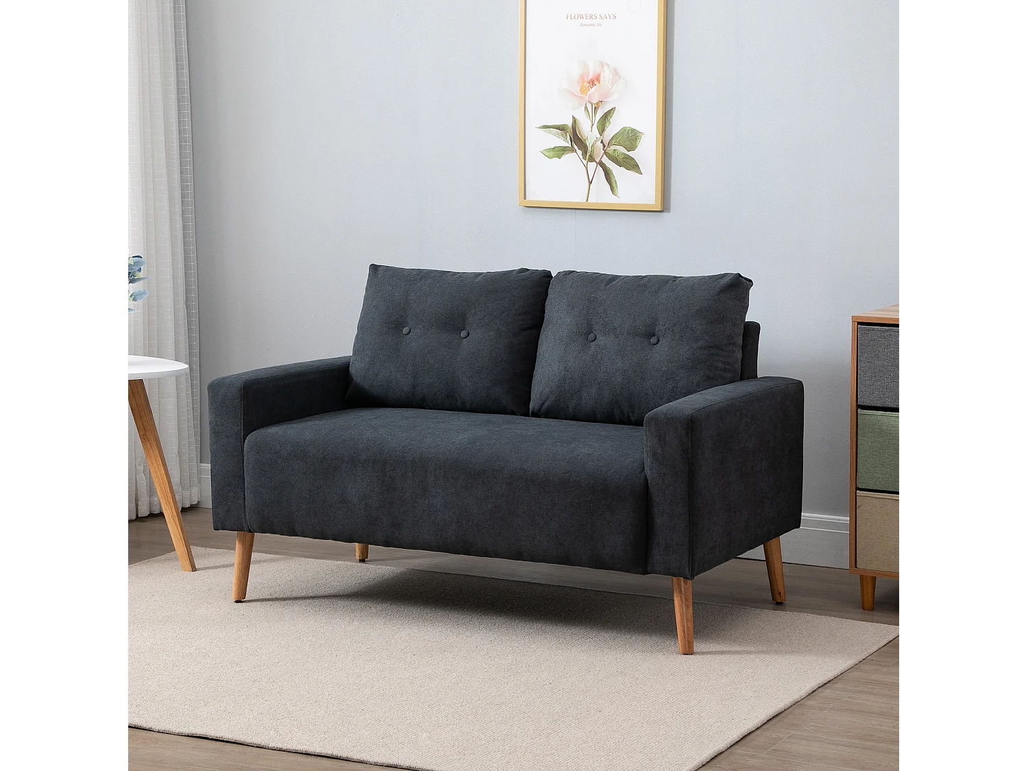 Canapé 2 places design scandinave dim. 145L x 76l x 88H cm pieds bois massif tissu gris foncé