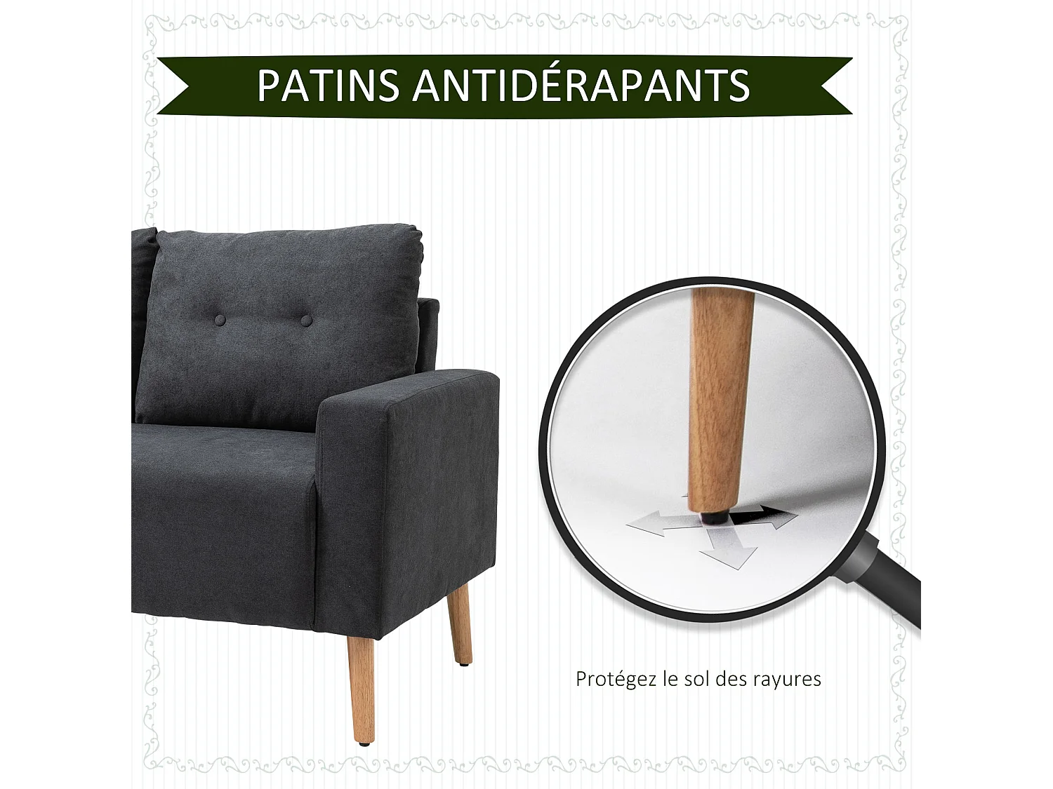 Canapé 2 places design scandinave dim. 145L x 76l x 88H cm pieds bois massif tissu gris foncé