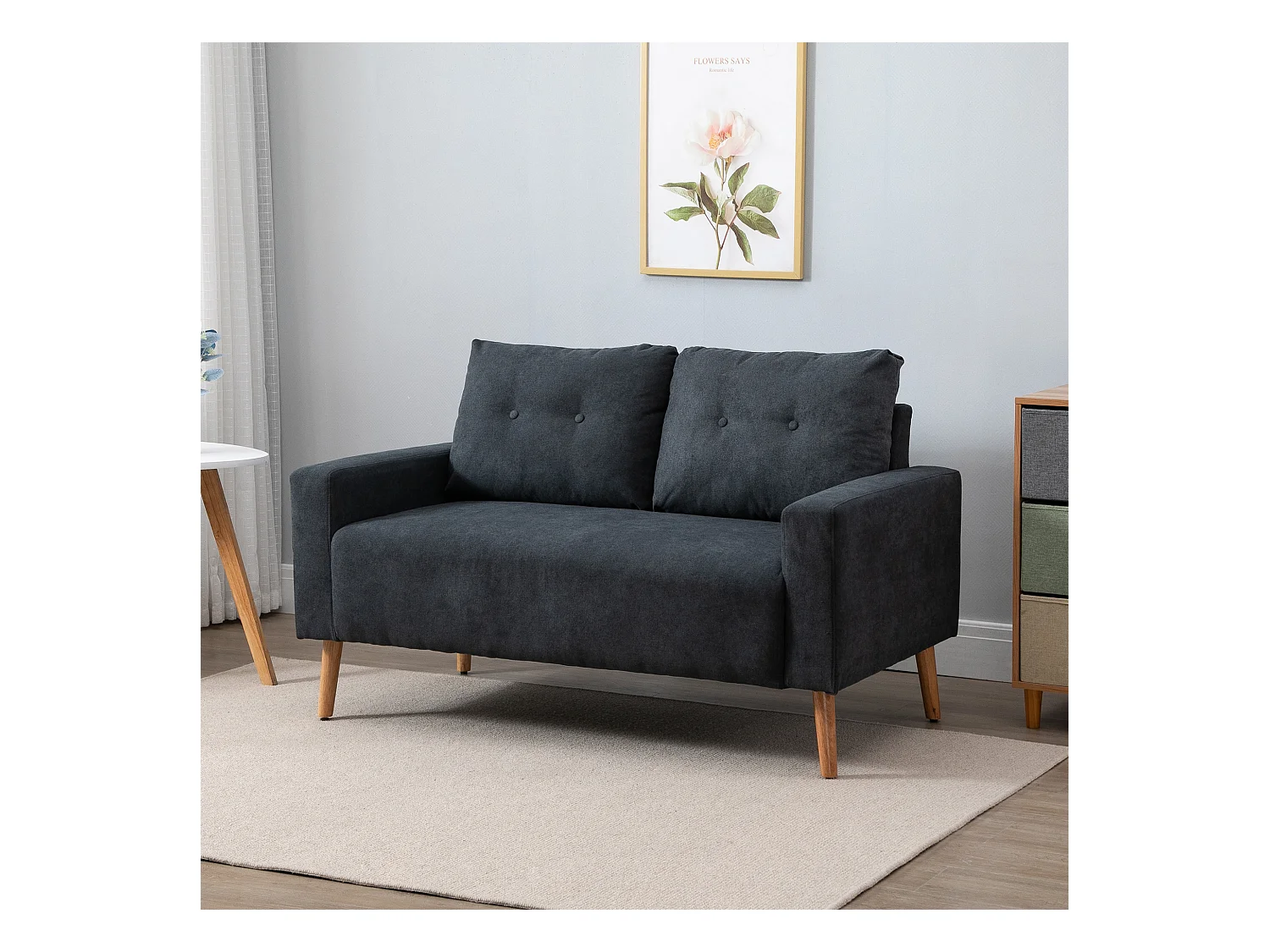 Canapé 2 places design scandinave dim. 145L x 76l x 88H cm pieds bois massif tissu gris foncé