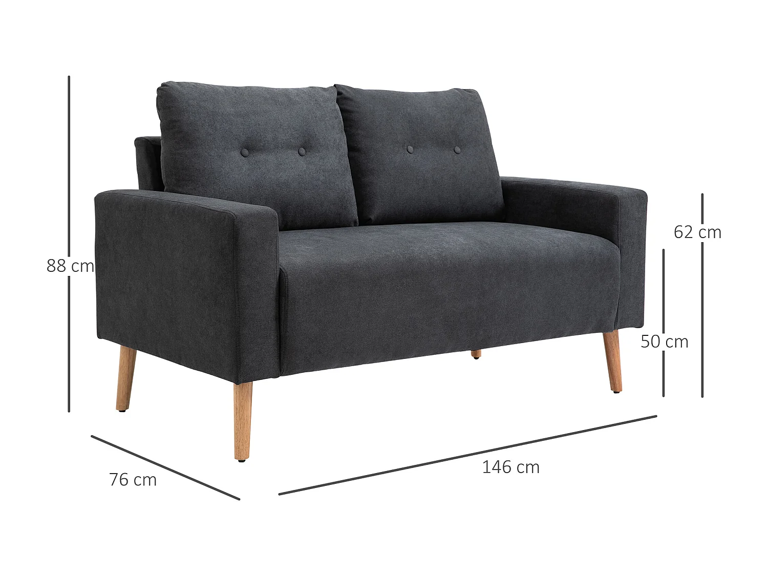 Canapé 2 places design scandinave dim. 145L x 76l x 88H cm pieds bois massif tissu gris foncé