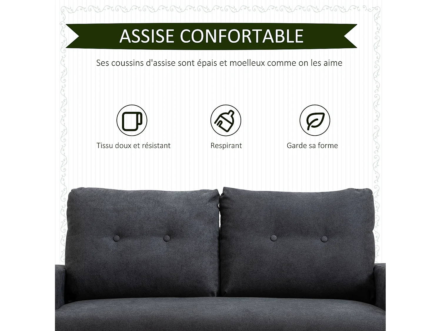 Canapé 2 places design scandinave dim. 145L x 76l x 88H cm pieds bois massif tissu gris foncé