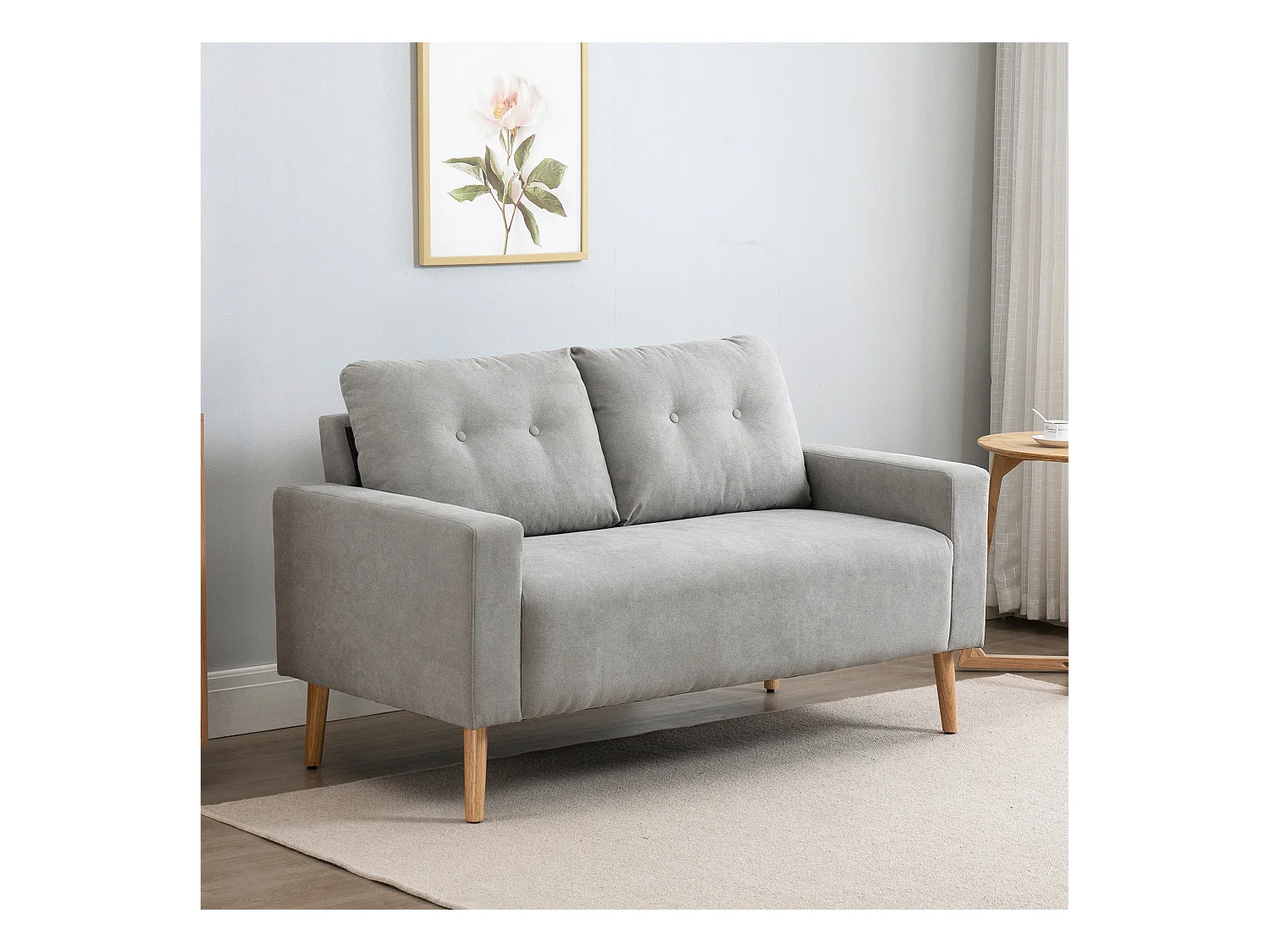Canapé 2 places design scandinave dim. 145L x 76l x 88H cm pieds bois massif tissu gris clair