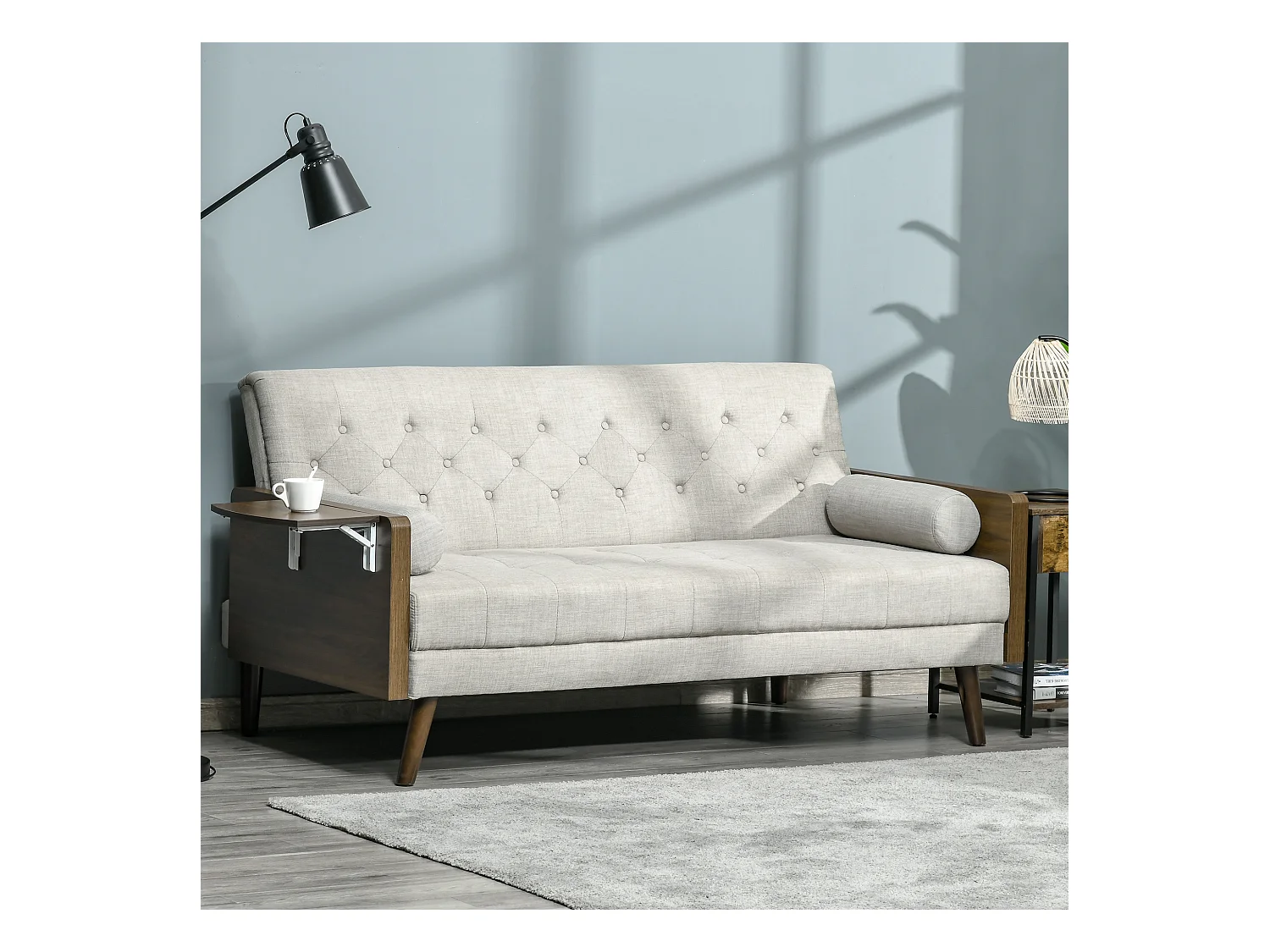 Canapé convertible design scandinave 3 places avec dossier inclinable et tablette rabattable en tissu aspect lin beige