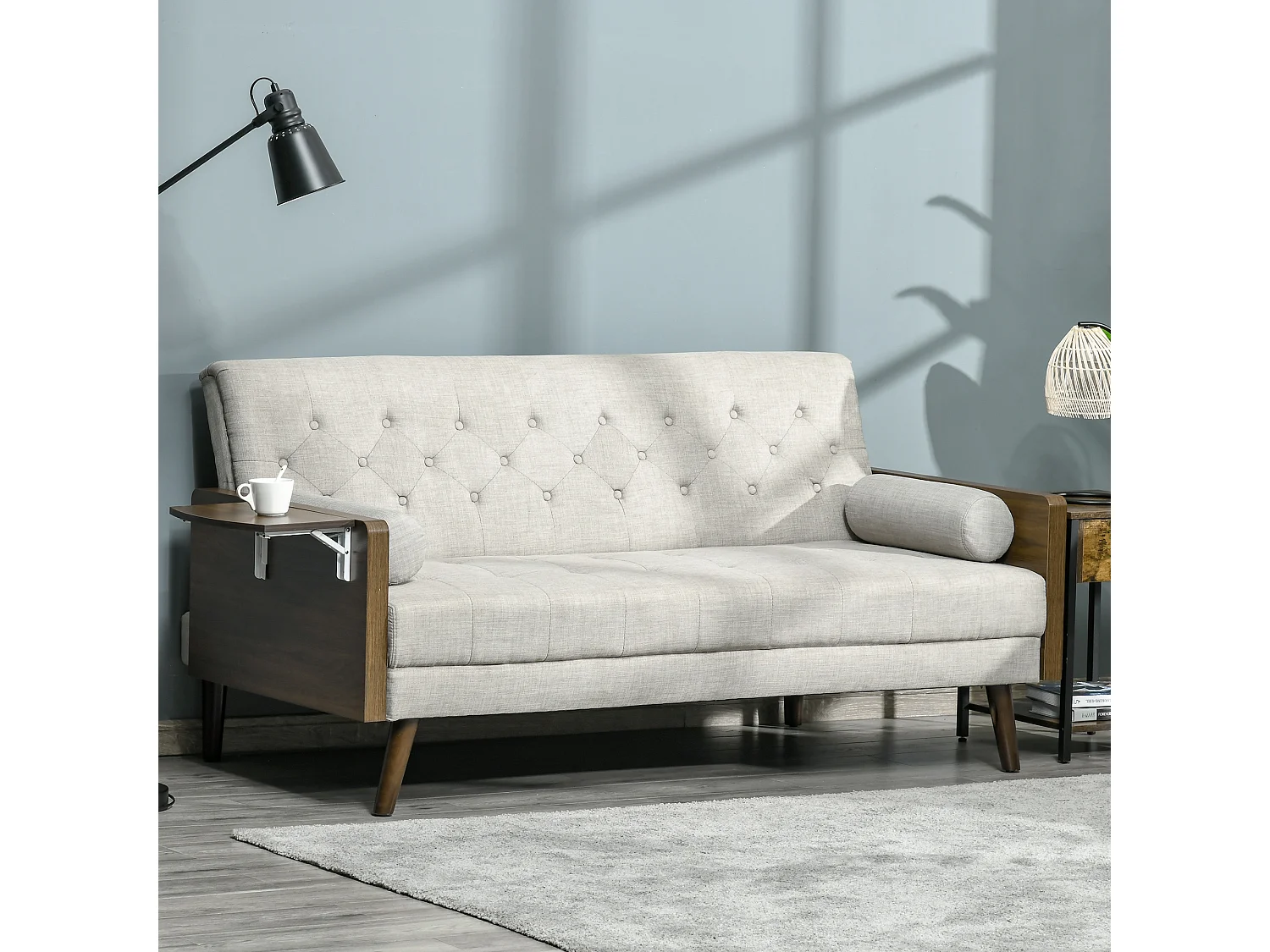 Canapé convertible design scandinave 3 places avec dossier inclinable et tablette rabattable en tissu aspect lin beige