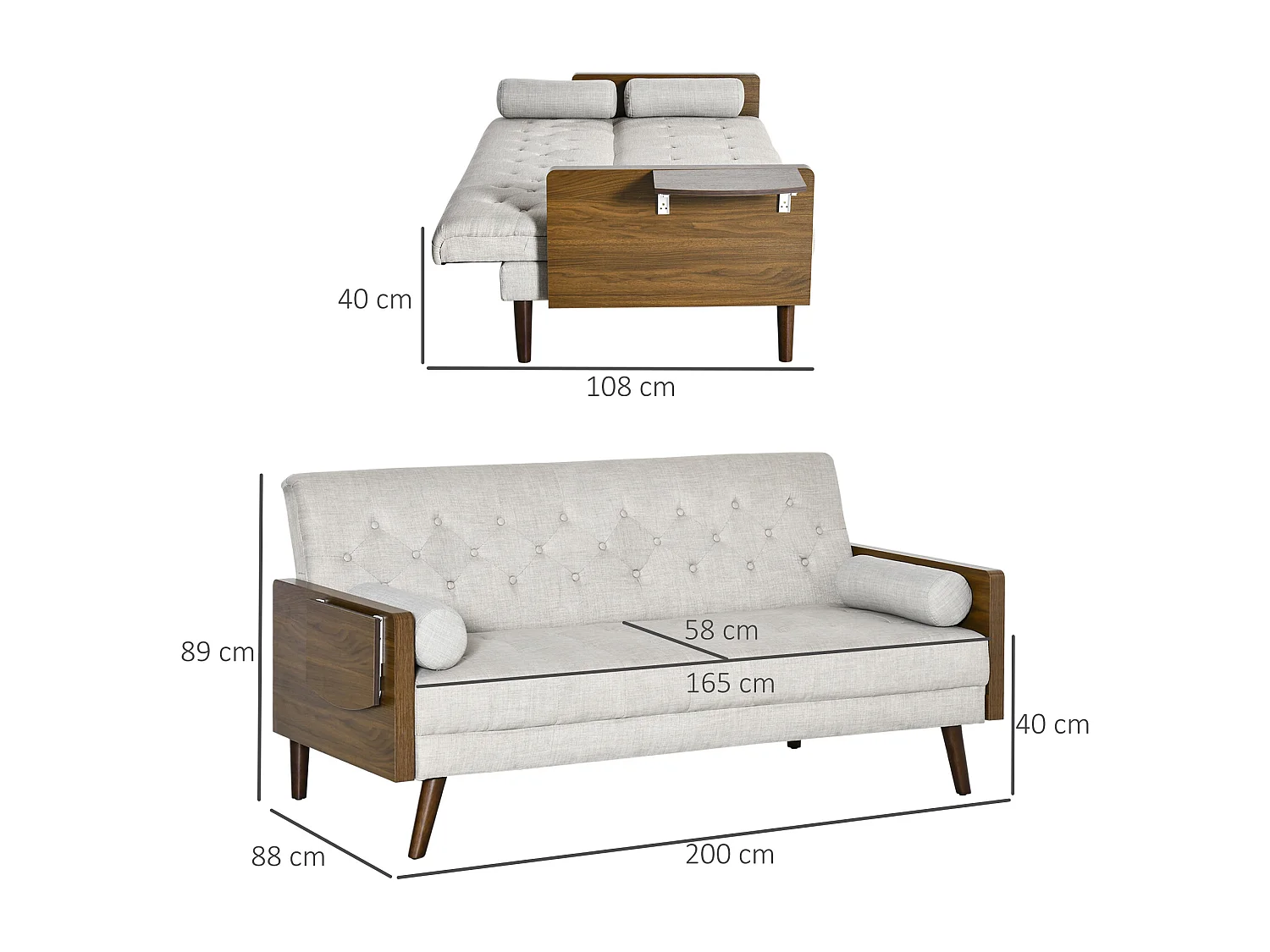 Canapé convertible design scandinave 3 places avec dossier inclinable et tablette rabattable en tissu aspect lin beige