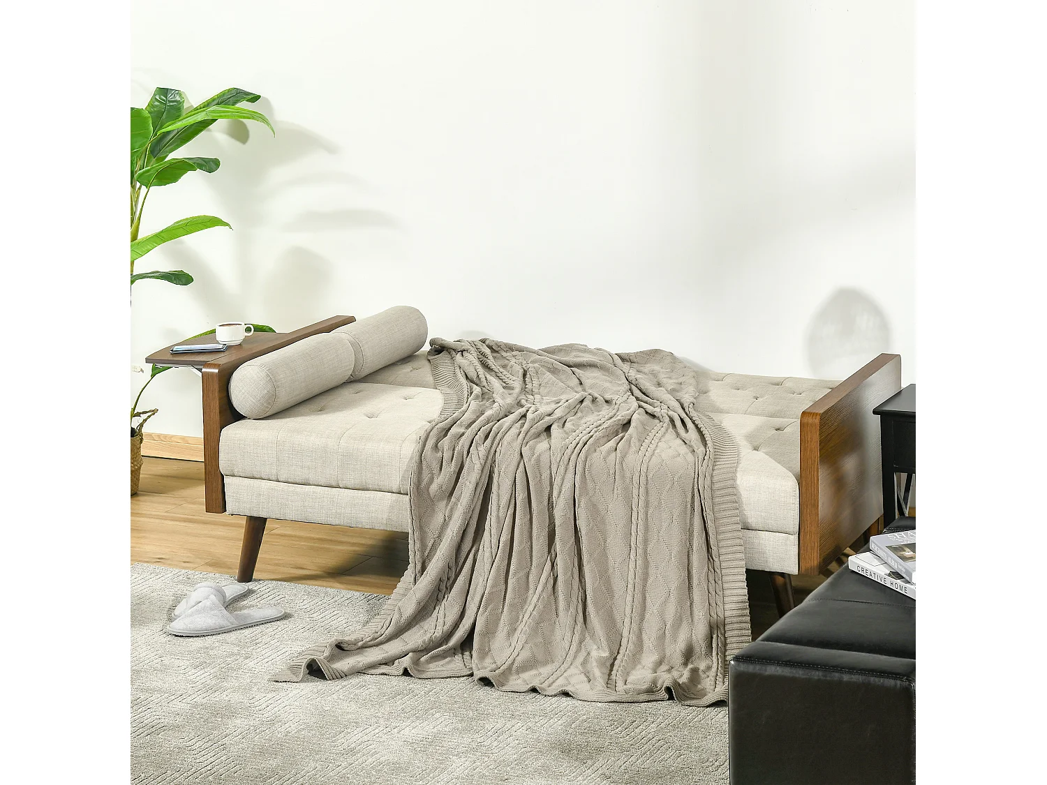Canapé convertible design scandinave 3 places avec dossier inclinable et tablette rabattable en tissu aspect lin beige