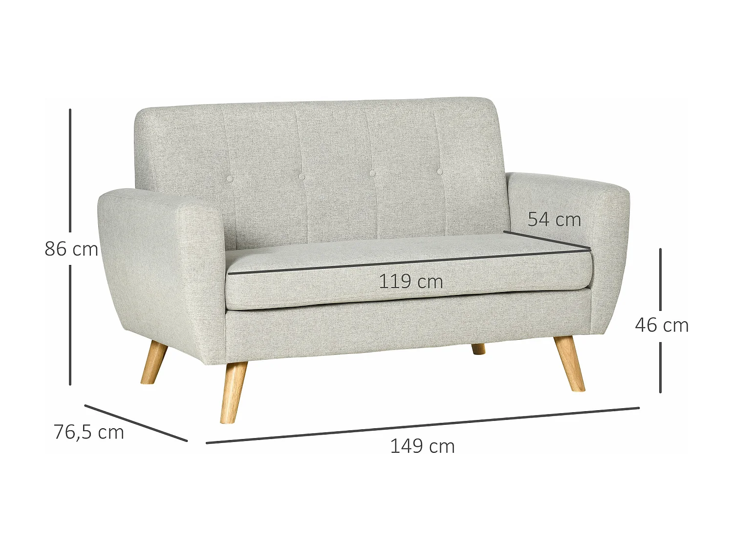 Canapé 2 places banquette design scandinave dossier capitonné dim. 149L x 76,5l x 86H cm gris