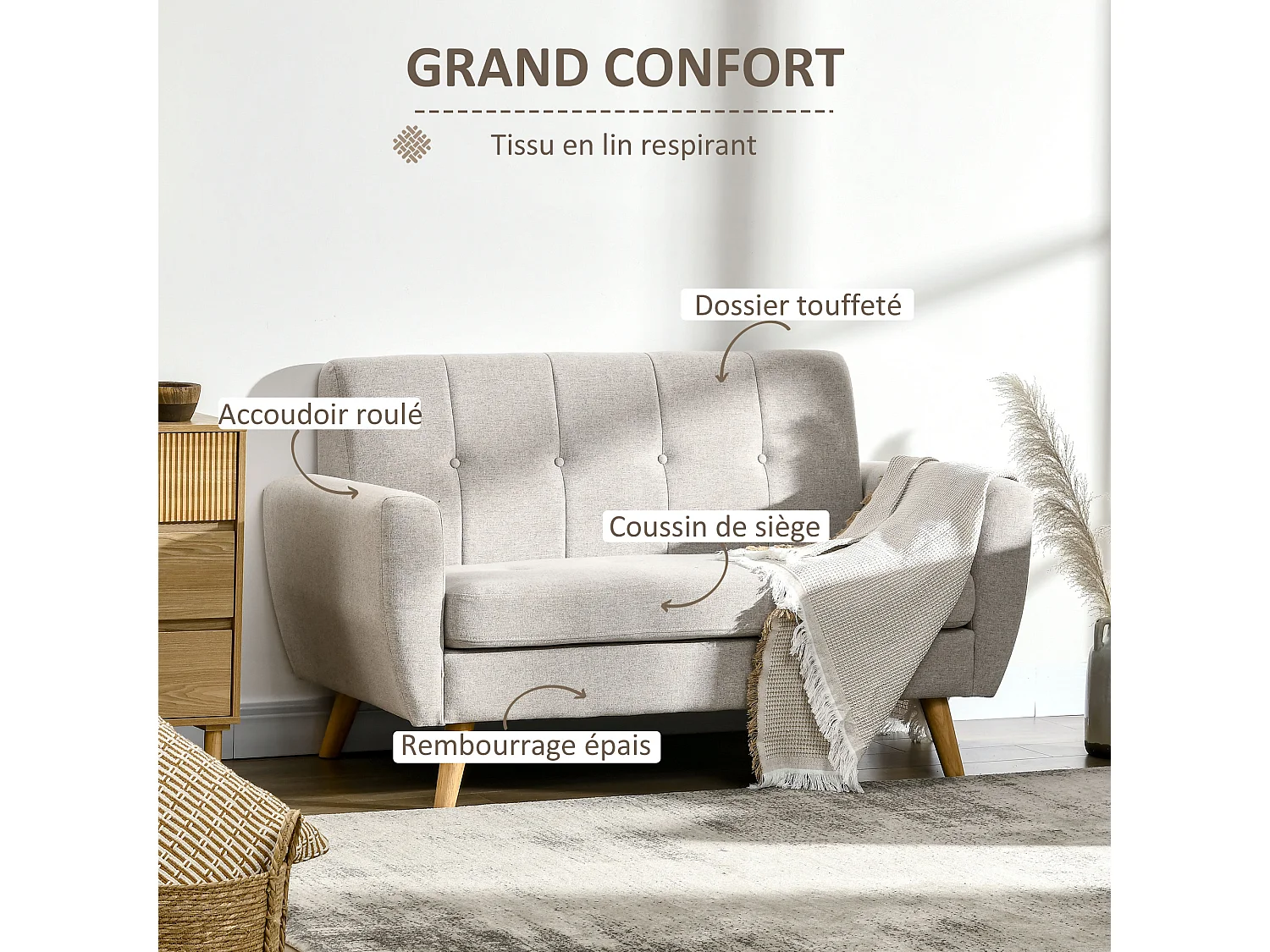 Canapé 2 places banquette design scandinave dossier capitonné dim. 149L x 76,5l x 86H cm gris