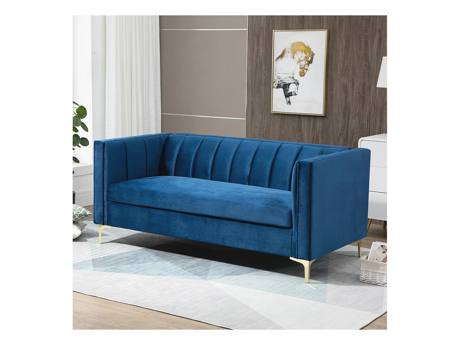 Canapé 3 places style Art Déco piètement acier doré revêtement velours bleu