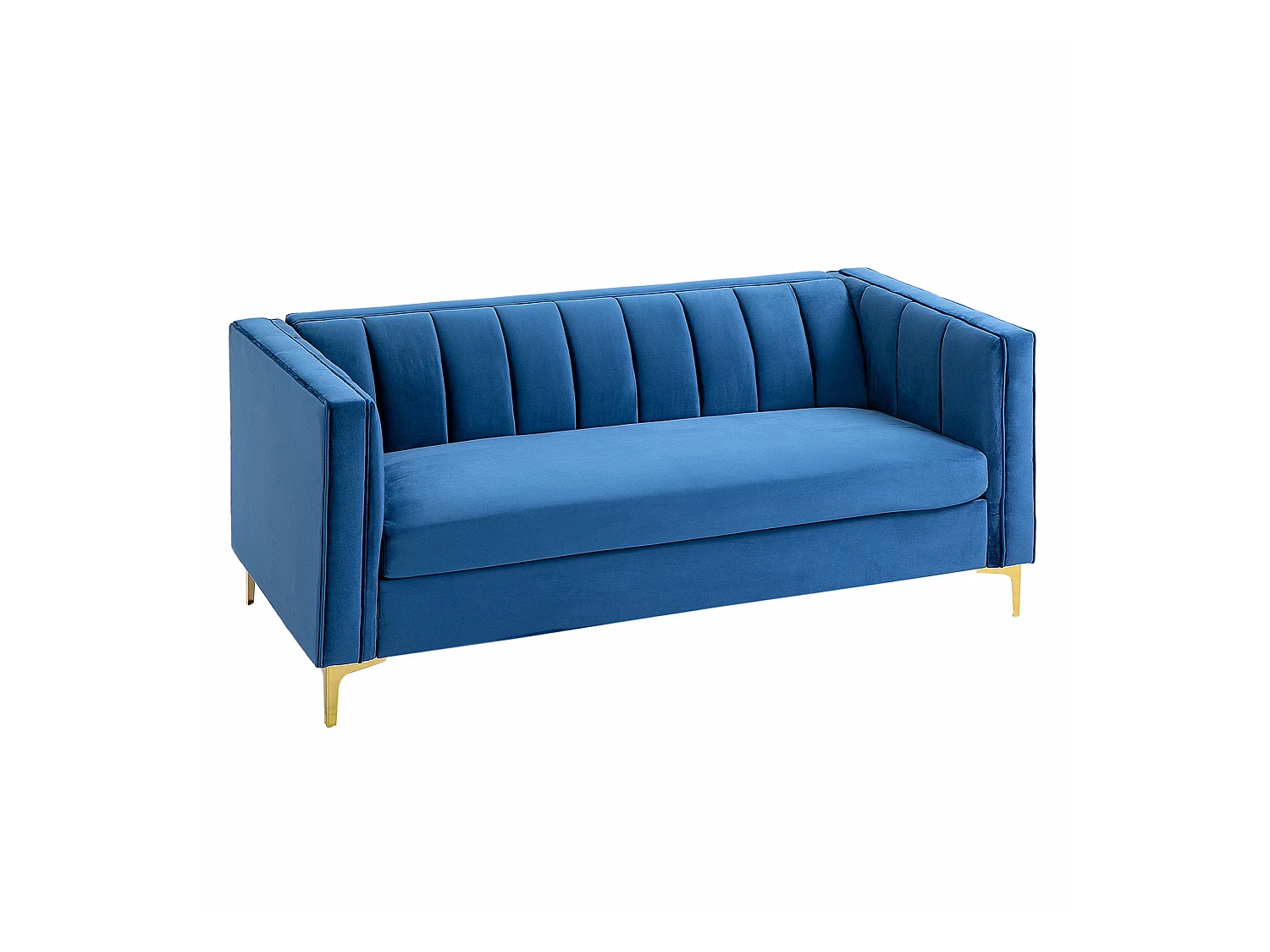 Canapé 3 places style Art Déco piètement acier doré revêtement velours bleu