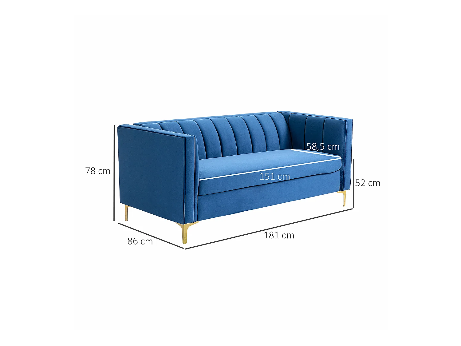 Canapé 3 places style Art Déco piètement acier doré revêtement velours bleu
