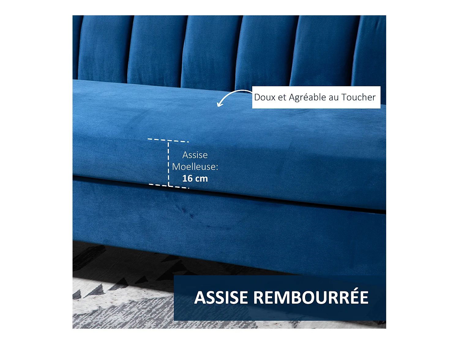 Canapé 3 places style Art Déco piètement acier doré revêtement velours bleu