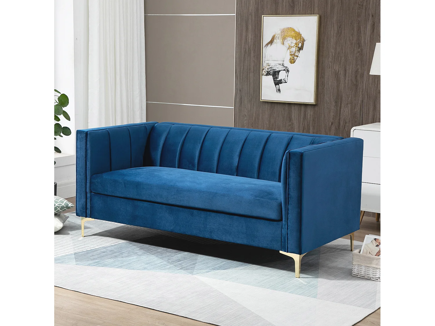 Canapé 3 places style Art Déco piètement acier doré revêtement velours bleu