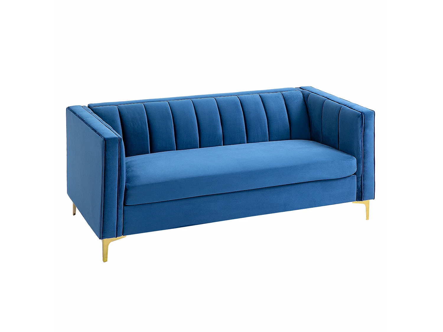 Canapé 3 places style Art Déco piètement acier doré revêtement velours bleu