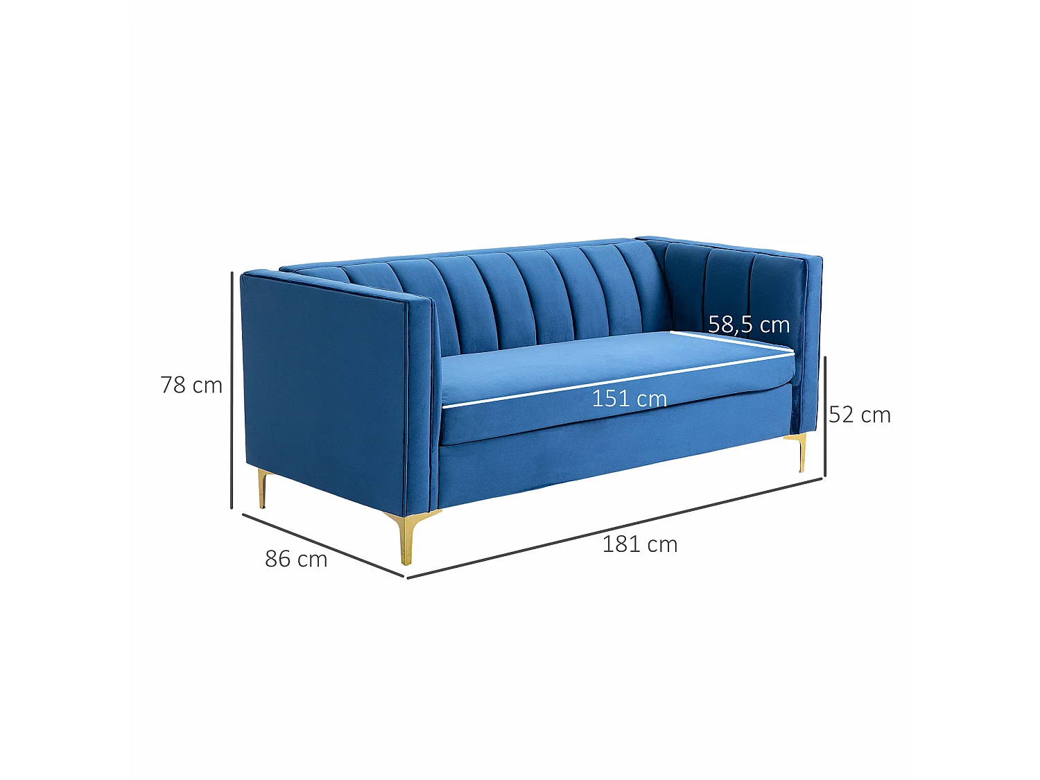 Canapé 3 places style Art Déco piètement acier doré revêtement velours bleu