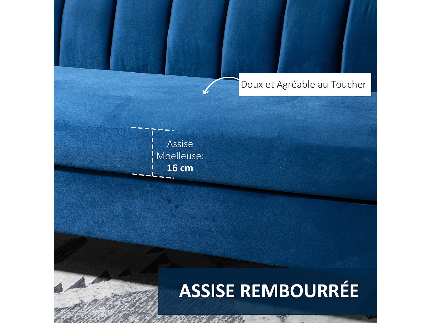 Canapé 3 places style Art Déco piètement acier doré revêtement velours bleu