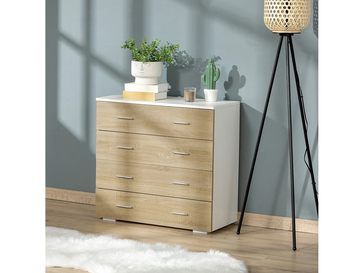 Commode meuble de rangement style contemporain 4 tiroirs 76 x 35 x 72 cm blanc et couleur bois