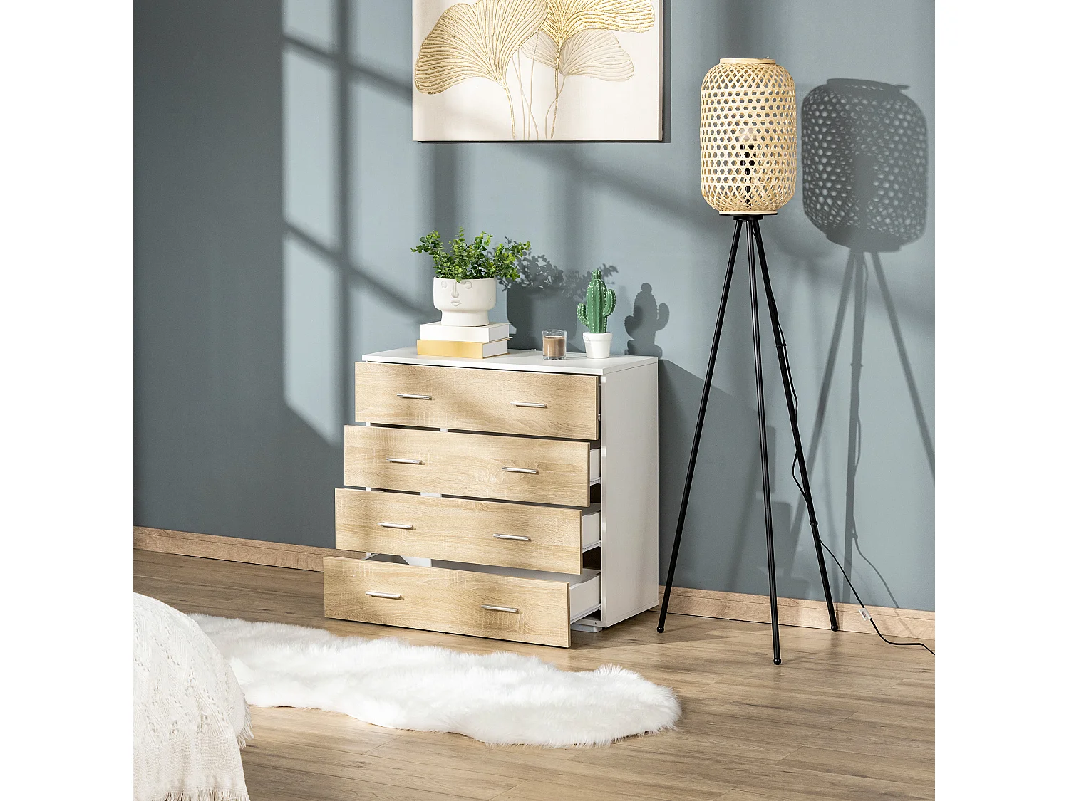 Commode meuble de rangement style contemporain 4 tiroirs 76 x 35 x 72 cm blanc et couleur bois