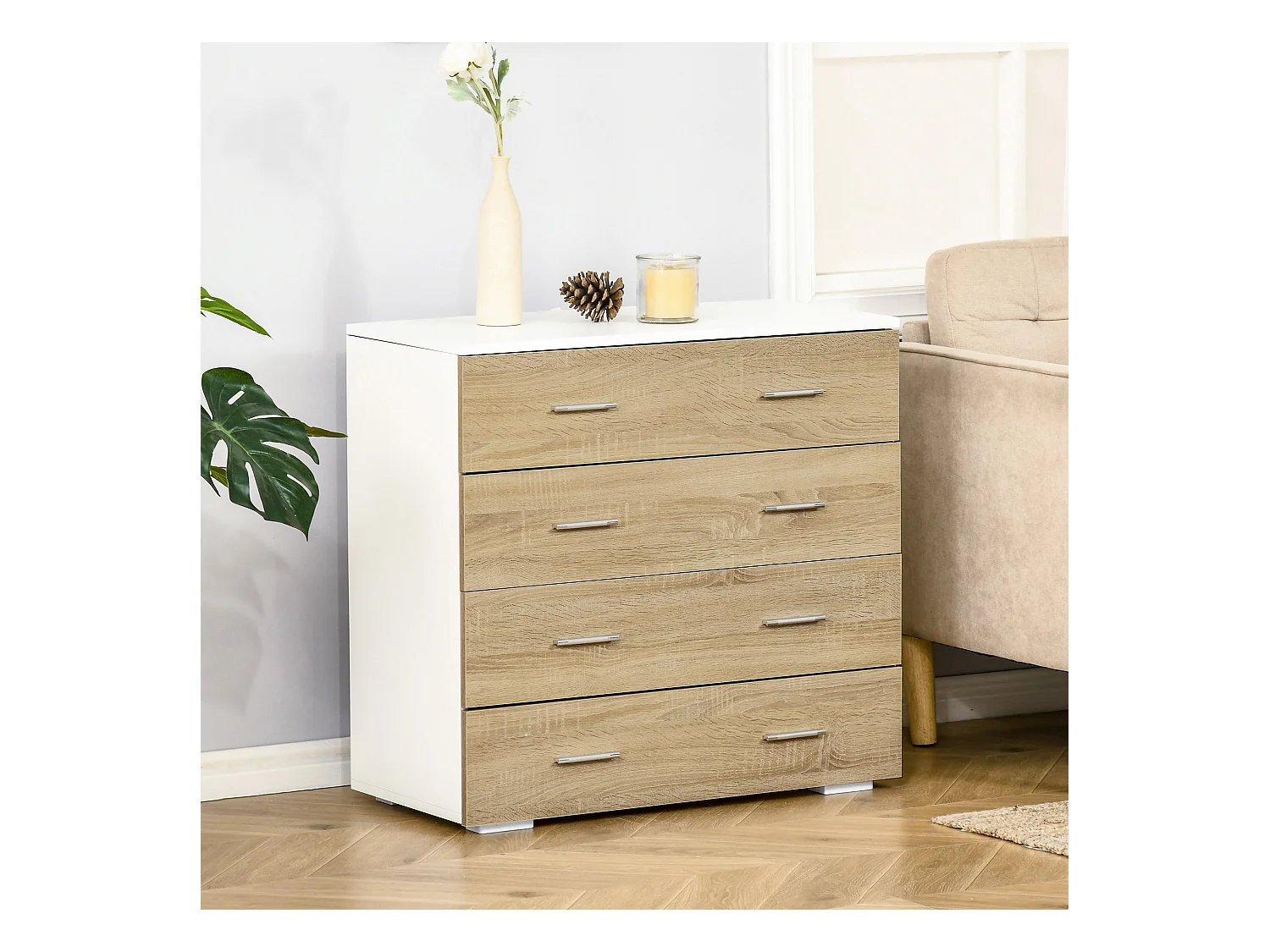 Commode meuble de rangement style contemporain 4 tiroirs 76 x 35 x 72 cm blanc et couleur bois