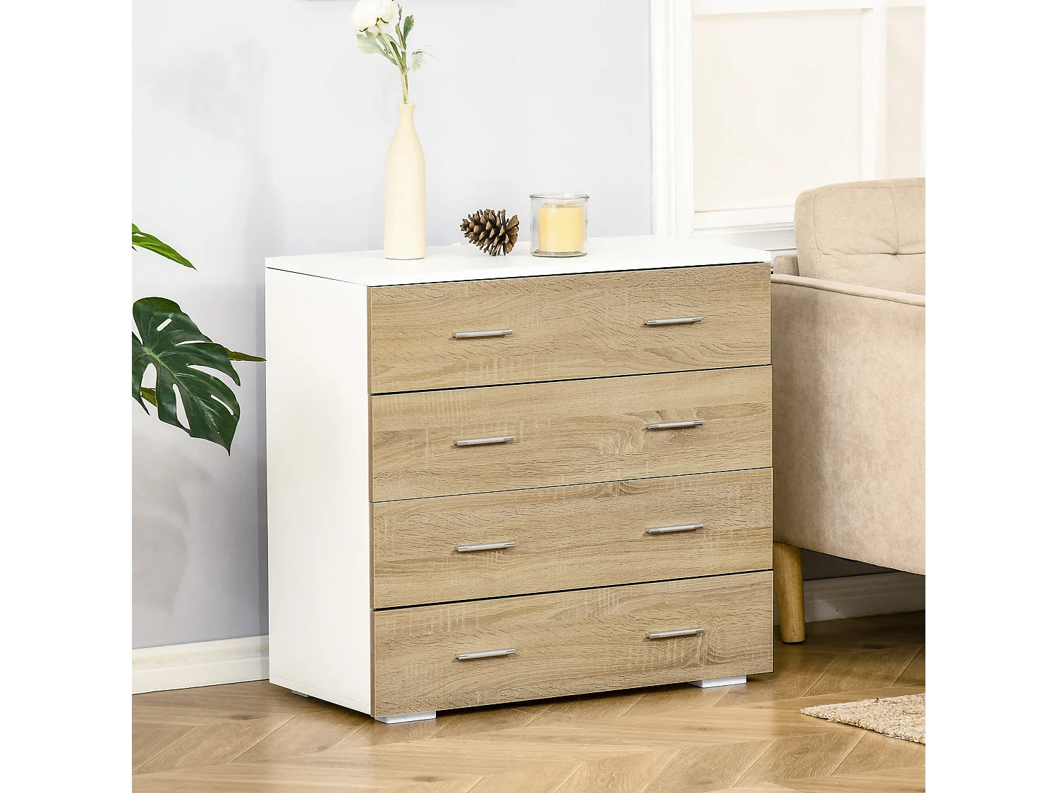 Commode meuble de rangement style contemporain 4 tiroirs 76 x 35 x 72 cm blanc et couleur bois