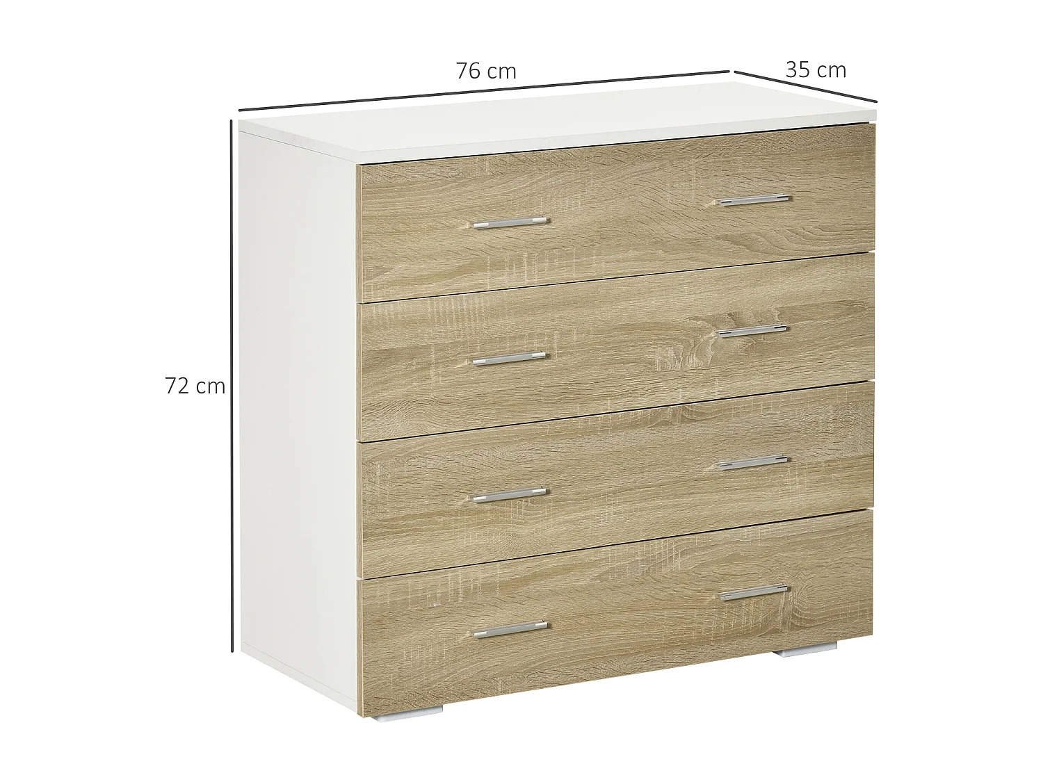 Commode meuble de rangement style contemporain 4 tiroirs 76 x 35 x 72 cm blanc et couleur bois