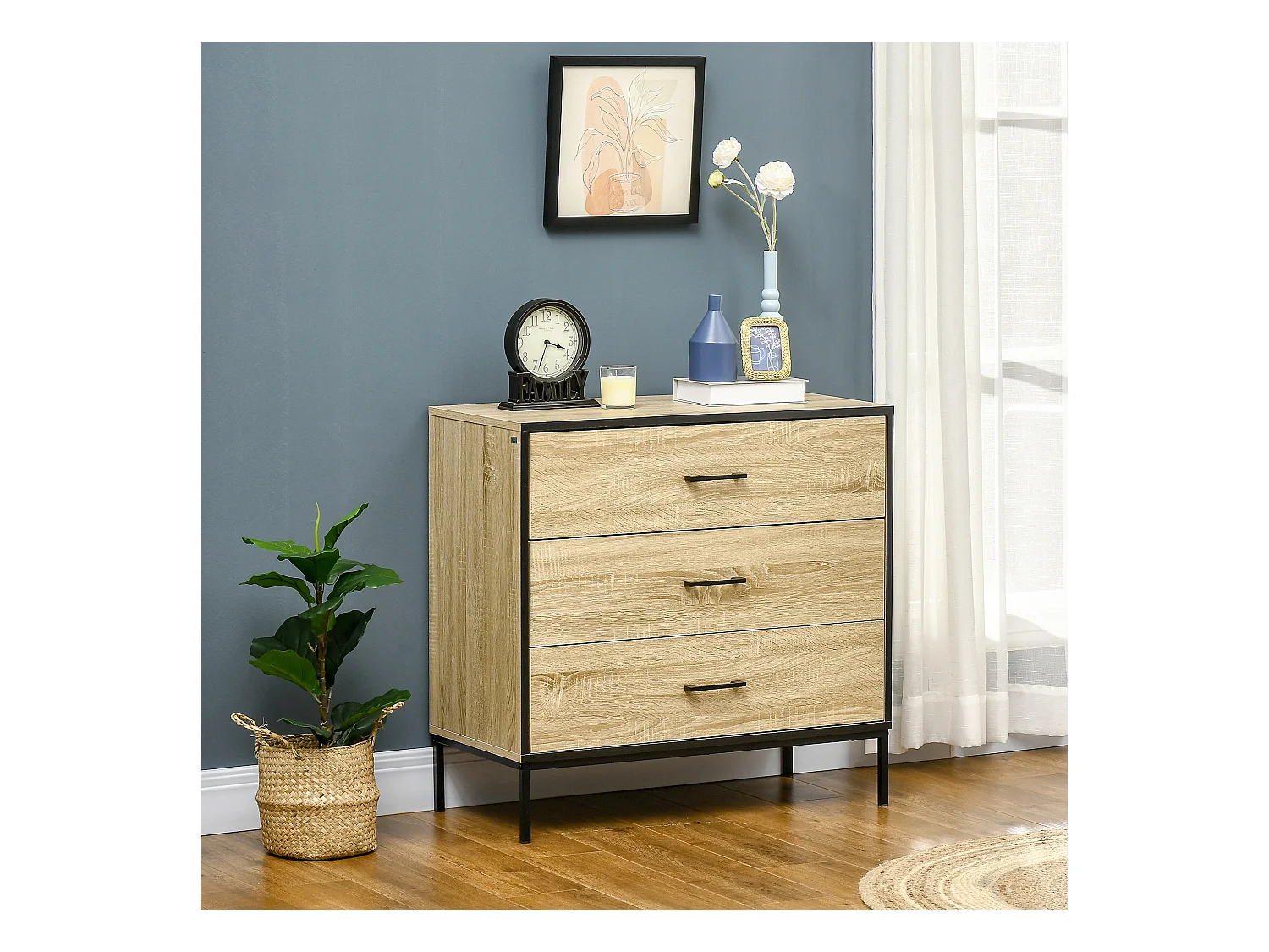Commode meuble de rangement style industriel - 3 tiroirs - dim. 80L x 40l x 78,8H cm - acier noir MDF aspect chêne clair