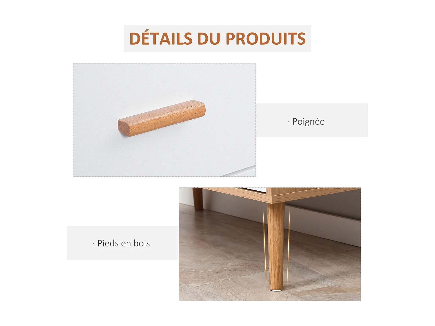 Commode design scandinave sur pieds 3 tiroirs coulissants pieds effilés inclinés panneaux particules blanc aspect bois clair