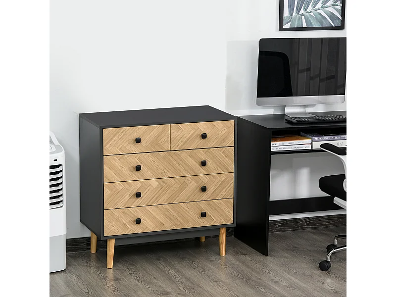 Commode 5 tiroirs design scandinave graphique dim. 80L x 40l x 80H cm panneaux de particules gris foncé chêne clair