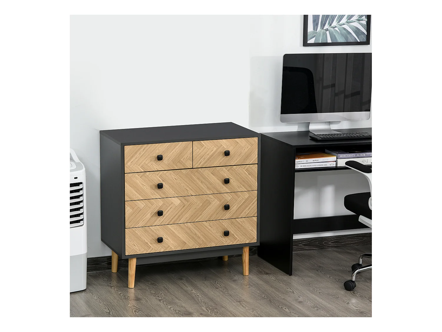 Commode 5 tiroirs design scandinave graphique dim. 80L x 40l x 80H cm panneaux de particules gris foncé chêne clair