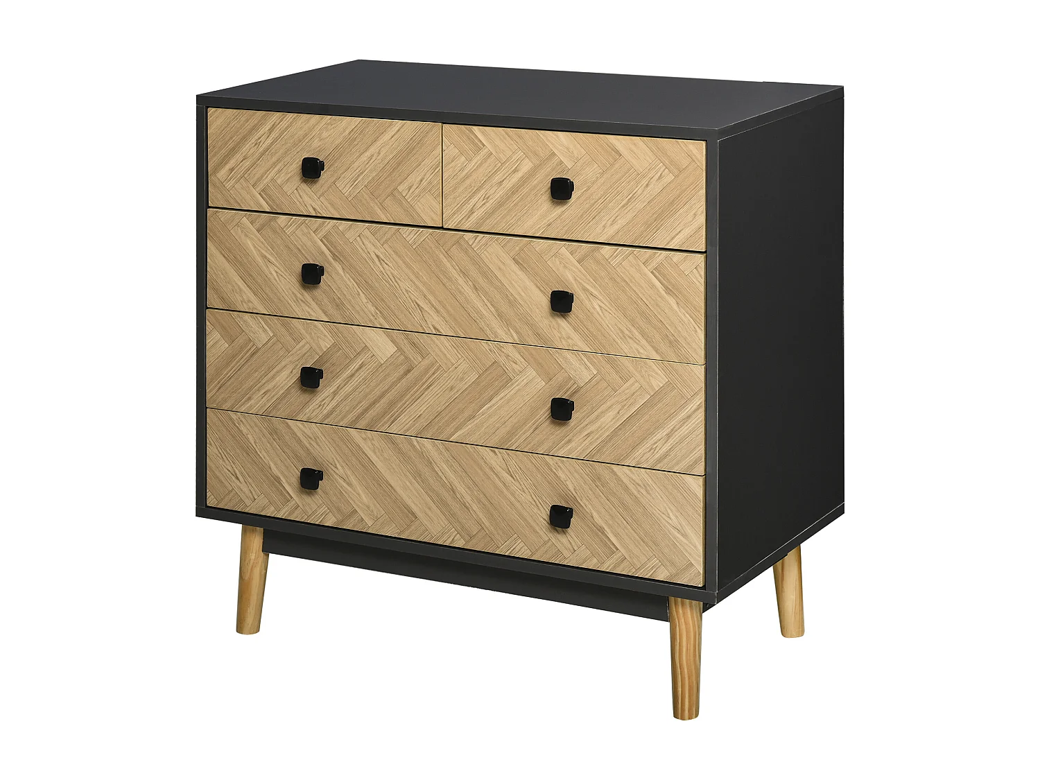 Commode 5 tiroirs design scandinave graphique dim. 80L x 40l x 80H cm panneaux de particules gris foncé chêne clair