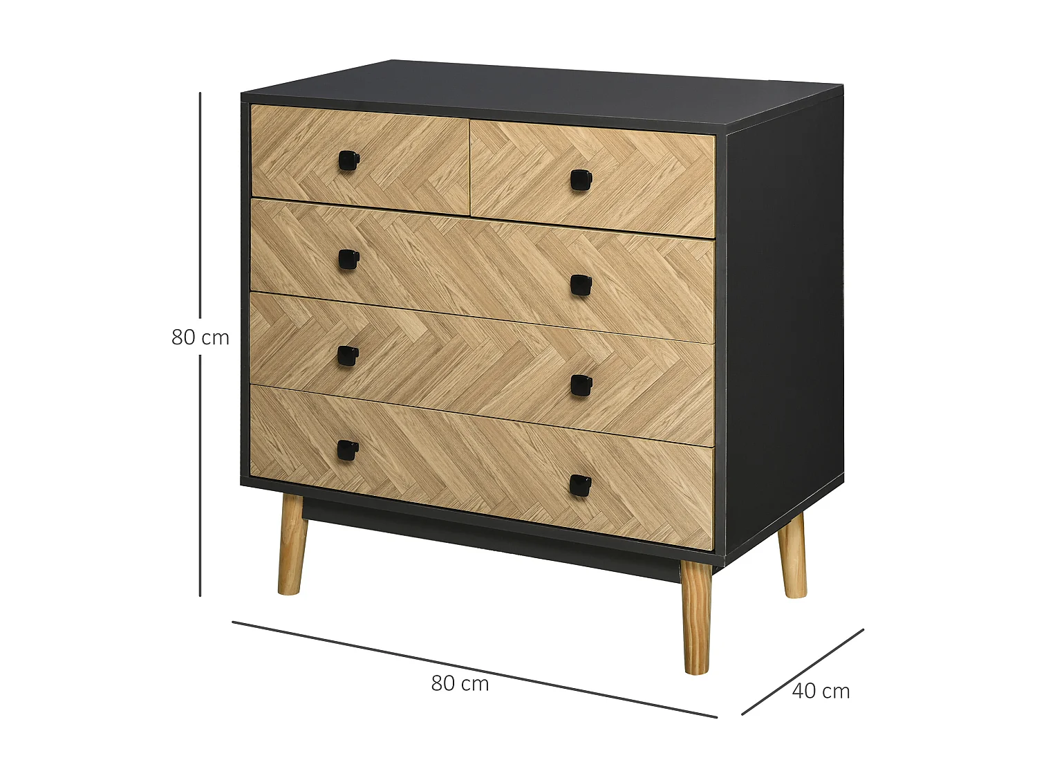 Commode 5 tiroirs design scandinave graphique dim. 80L x 40l x 80H cm panneaux de particules gris foncé chêne clair