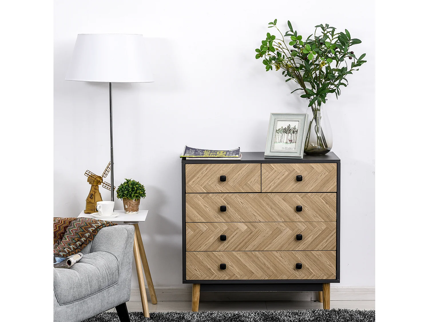 Commode 5 tiroirs design scandinave graphique dim. 80L x 40l x 80H cm panneaux de particules gris foncé chêne clair