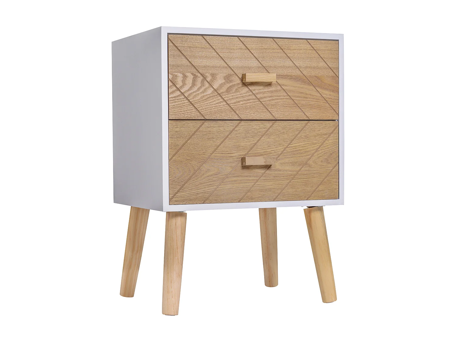 Chevet table de nuit design scandinave 40L x 30l x 56H cm 2 tiroirs bois massif pin MDF blanc et hêtre motif graphique