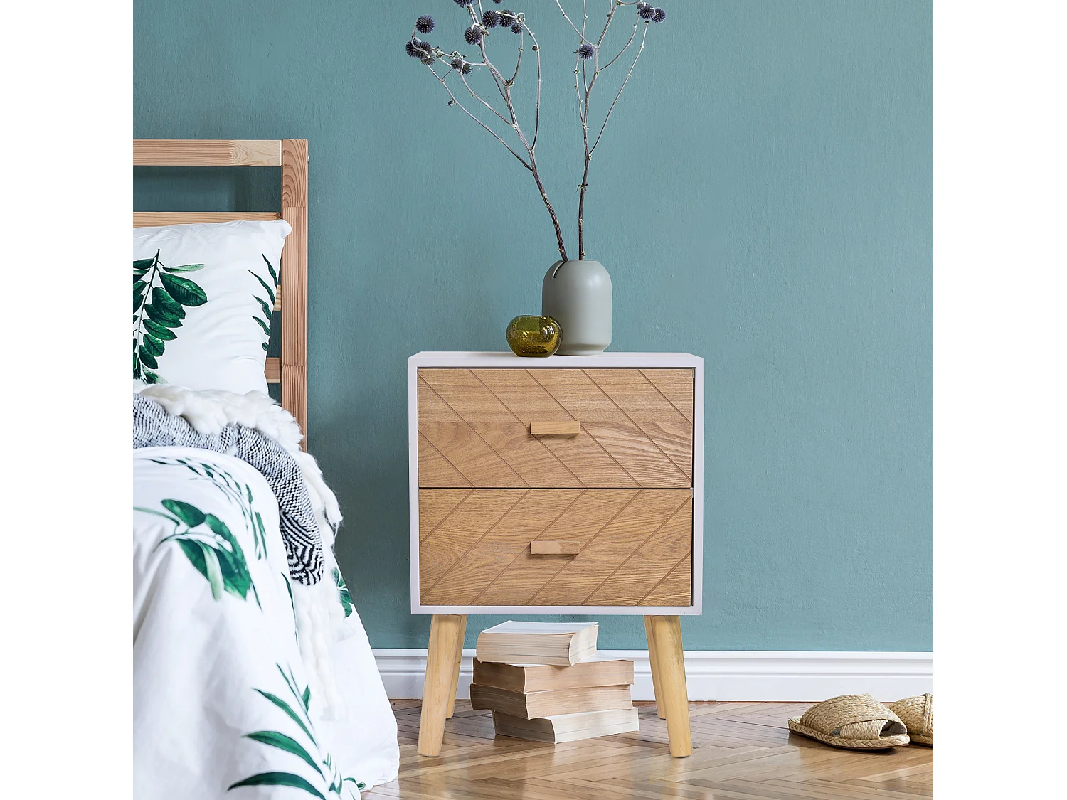 Chevet table de nuit design scandinave 40L x 30l x 56H cm 2 tiroirs bois massif pin MDF blanc et hêtre motif graphique